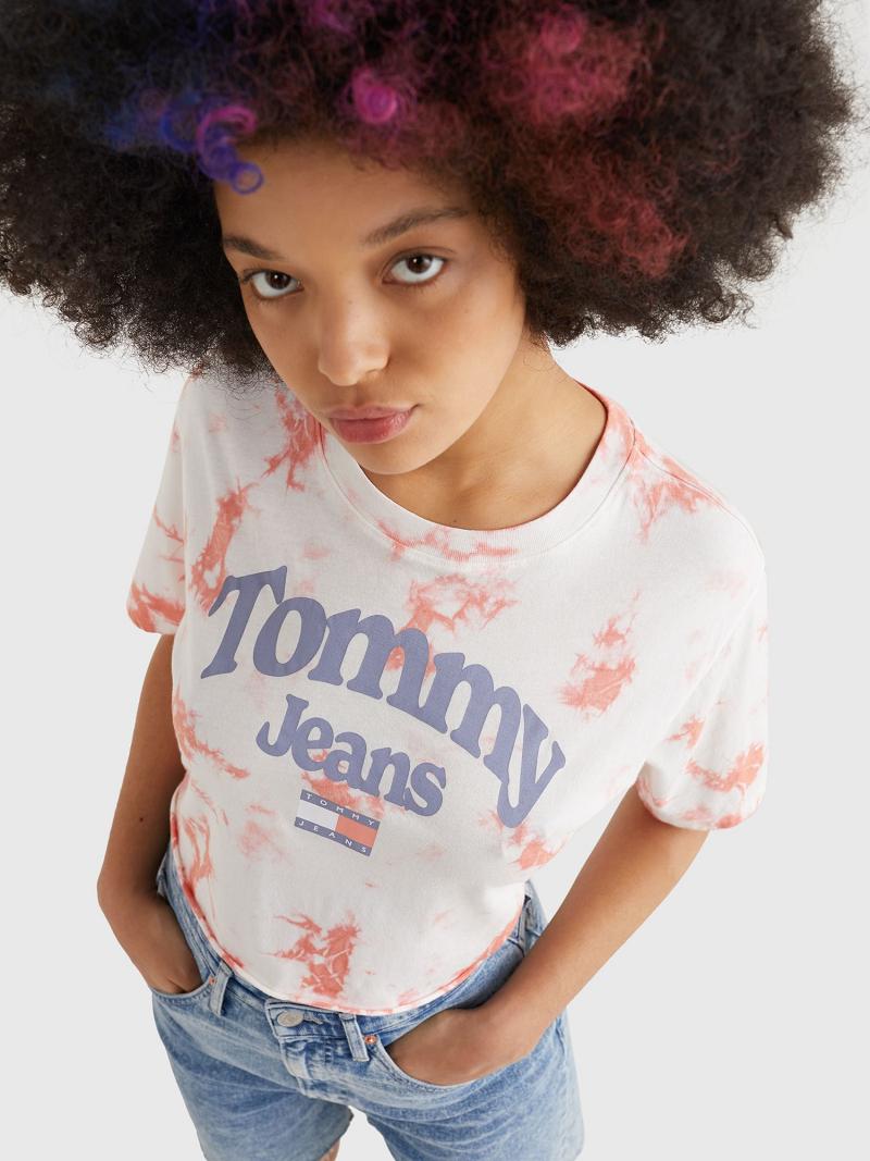 Női Tommy Hilfiger Cropped Tie-Dye Logo Póló Piros Fehér | HU 439HAP